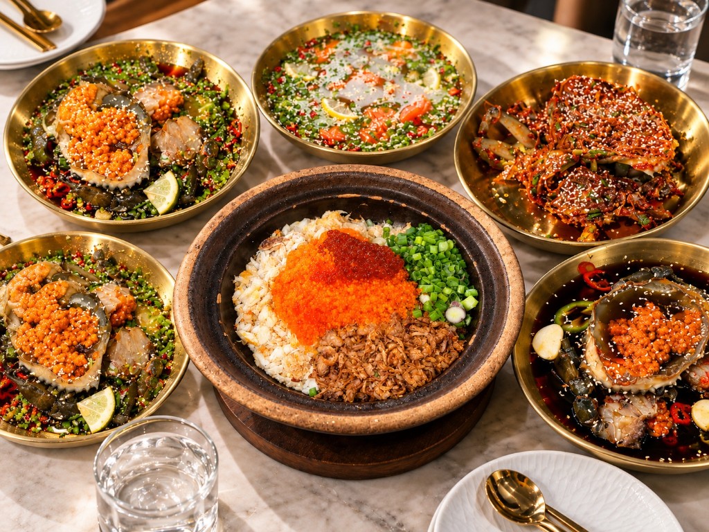 A shared meal of several dishes around a table